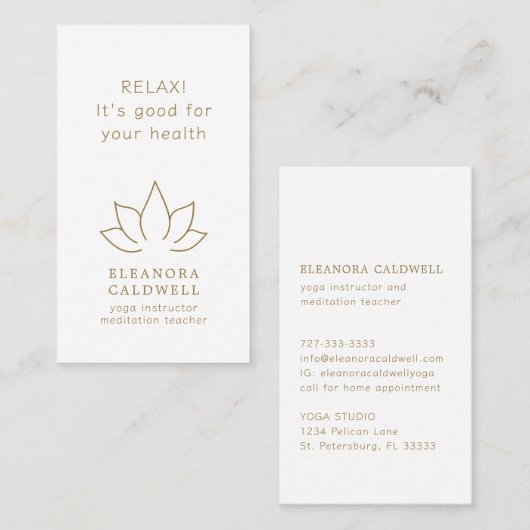 Yoga Meditation Lehrer Lotus Logo Gold auf Weiß Visitenkarte (Vorne/Hinten)