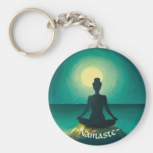 Yoga Meditation Pose auf Rock Full Moon Stars Nigh Schlüsselanhänger (Vorne)