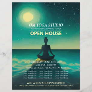 Yoga Meditation Pose auf Rock Moon Ocean Open Hous Flyer