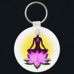 Yoga-Meditation Schlüsselanhänger<br><div class="desc">Die Silhouette einer Frau sitzt bei Sonnenuntergang in meditativer Haltung auf einem rosa Lotus. Ideal für Yogi- oder Yogalehrer.</div>