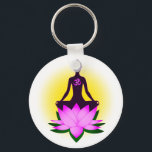 Yoga-Meditation Schlüsselanhänger<br><div class="desc">Die Silhouette einer Frau sitzt bei Sonnenuntergang in meditativer Haltung auf einem rosa Lotus. Ideal für Yogi- oder Yogalehrer.</div>