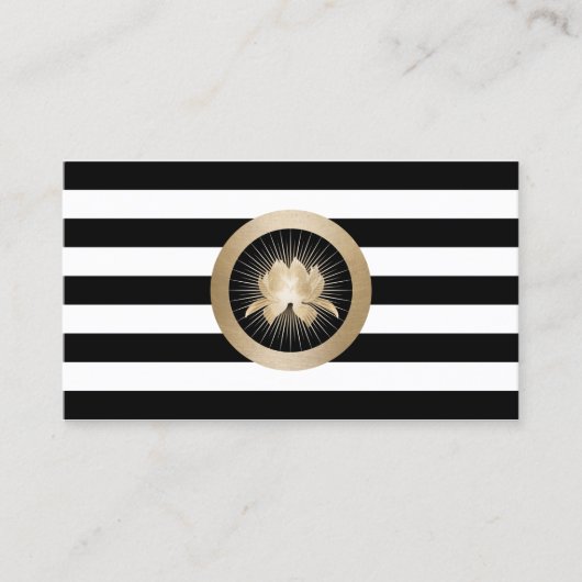 Yoga Modern Gold Lotus Logo Schwarz-Weiß Streifen Visitenkarte (Vorderseite)