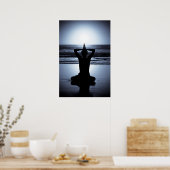 Yoga nachts am Strand mit Vollmond Reflekti Poster (Küche)