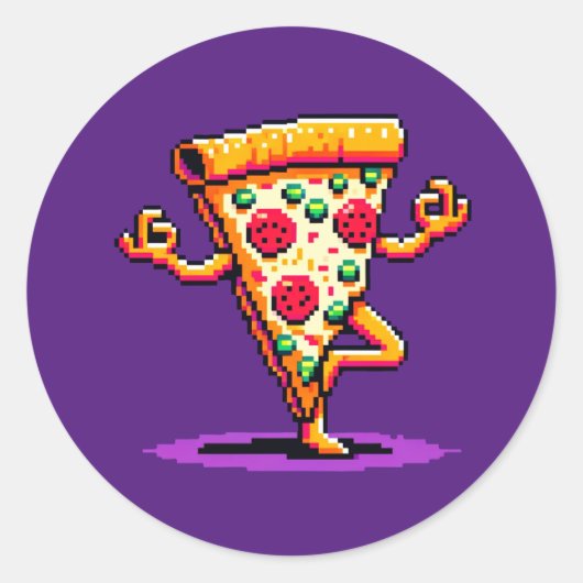 Yoga Pizza: 8-Bit-Slice in Pose humorvolle Pixel-A Runder Aufkleber (Vorderseite)