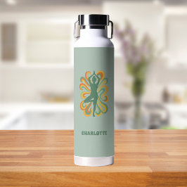 Yoga pose retro swirls name sage green trinkflasche