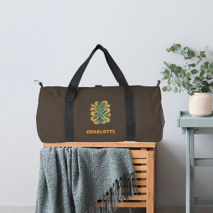 Yoga-Pose Retro-Swirls Name Taupe-Braun Duffle Bag
