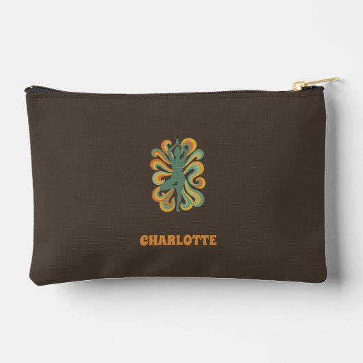 Yoga pose retro swirls name taupe brown zubehörtasche (Rückseite)