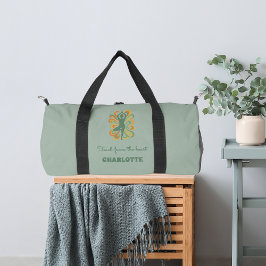 Yoga pose swirls green orange name slogan retro duffle bag