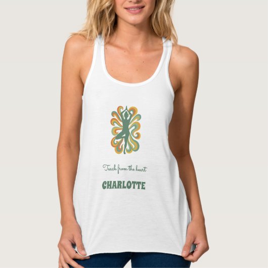 Yoga pose swirls retro green orange name slogan tank top (Vorderseite)