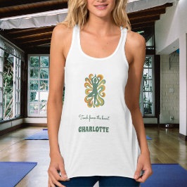 Yoga pose swirls retro green orange name slogan tank top
