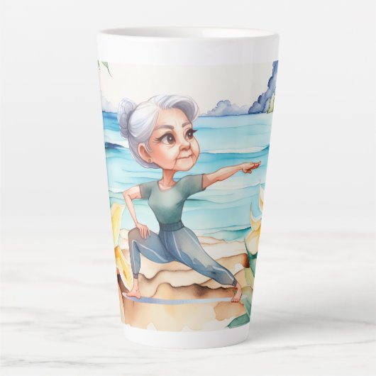 Yoga-Position am Strand  Milchtasse (Vorderseite)
