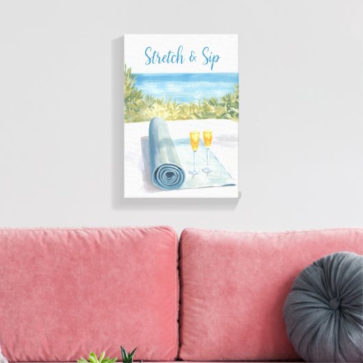 Yoga Stretch and Sip mit Ozeanhintergrund Leinwanddruck (Insitu (Wohnzimmer))
