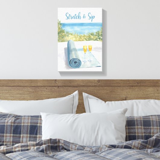 Yoga Stretch and Sip with ocean background Leinwanddruck (Insitu (Schlafzimmer))