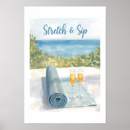 Yoga Stretch und Trinken mit Ozeanhintergrund Poster
