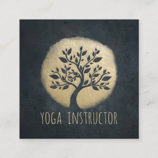 Yoga Studio Meditation Instructor Black Gold Tree Quadratische Visitenkarte (Vorderseite)