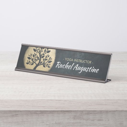 Yoga Studio Meditation Instructor Black Gold Tree Schreibtischnamensplakette (Vorderseite )