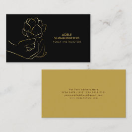 Yoga Theme | Gold Line Hand & Lotus Blume Black Visitenkarte