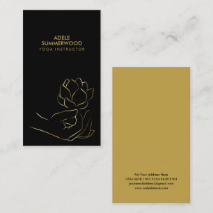 Yoga Theme   Gold Line Hand & Lotus Blume Black Visitenkarte