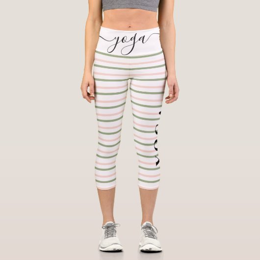 Yoga Typografie Rosa und grüne Streifen Capri Leggings (Vorderseite)