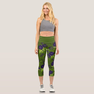 Yoga-Übungen für Vintage Lila Blume in grünen Blät Capri Leggings