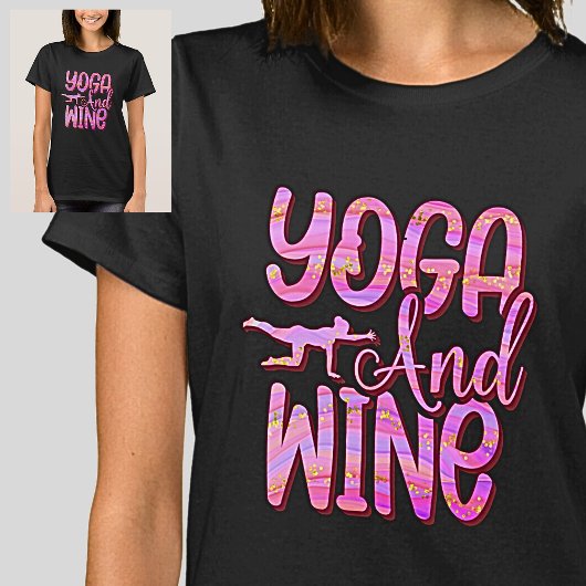 Yoga & Wine Pink Waves auf schwarzem T - Shirt