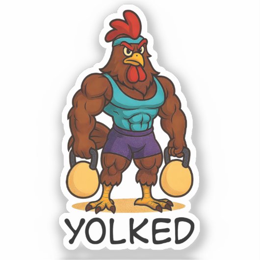 Yolked Rooster – Funny Strong Chicken Kettlebell Aufkleber (Vorderseite)