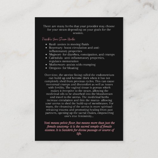 Yoni Steam Benefits InFocard Visitenkarte (Rückseite)