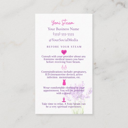 Yoni Steam Pre/Post Aftercare Instruction Card Visitenkarte (Vorderseite)
