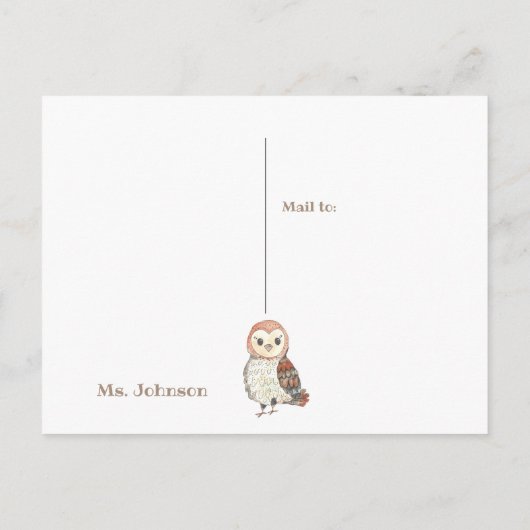 Yoo-hoo Barn Owl I Miss You School Teacher Postkarte (Rückseite)
