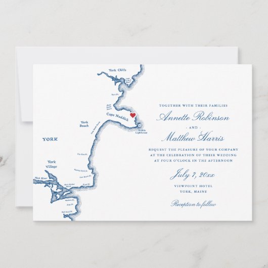 York Maine Elegant Navy Map Wedding Einladung (Vorderseite)