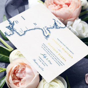 York Maine Hochzeit Navy und Gold Folieneinladung