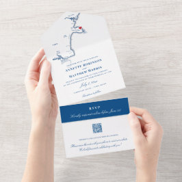 York Maine Map Elegant QR Code Navy Wedding All In One Einladung