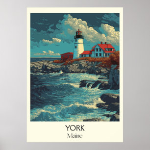 York Maine Vintag Lighthouse Küstenwaves Art Poster