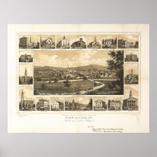 York Pennsylvania 1852 Antike Panoramakarte Poster