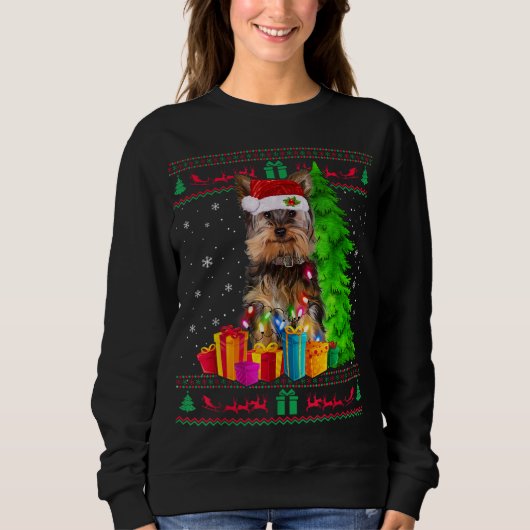 Yorkie Christmas Tree Light Weihnachtsmannmütze Do Sweatshirt (Vorderseite)