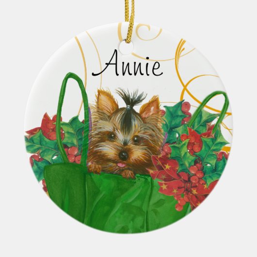 Yorkie Christmas Tree Ornament mit Holly (Vorne)