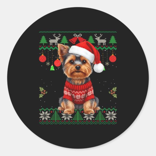 Yorkie Dog Christmas Wearing Ugly Christmas Sweate Runder Aufkleber (Vorderseite)