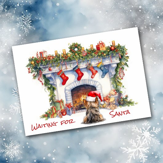 Yorkie Dog Gewartet für den Weihnachtsfeuer