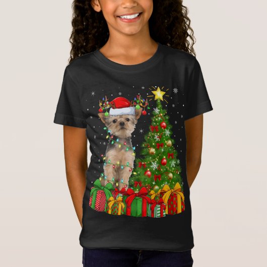 Yorkie Dog Lighting Xmas Tree Weihnachtsmannmütze T-Shirt (Vorderseite)