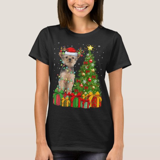 Yorkie Dog Lighting Xmas Tree Weihnachtsmannmütze T-Shirt (Vorderseite)