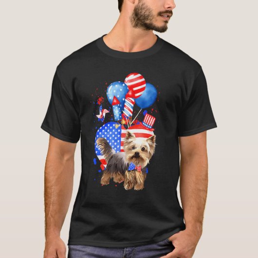 Yorkie Dog Merica 4. Juli Amerikanische Flagge T-Shirt (Vorderseite)