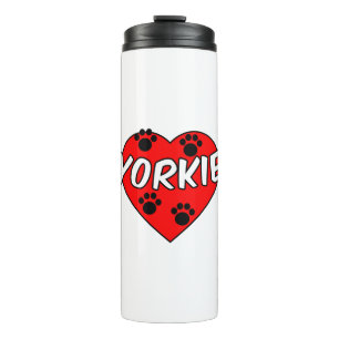 Yorkie Dog Paw Prints und Rotes Herz Thermosbecher