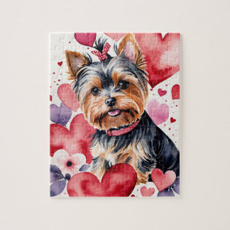 Yorkie Dog Pet Portrait Watercolor Valentine Puzzle