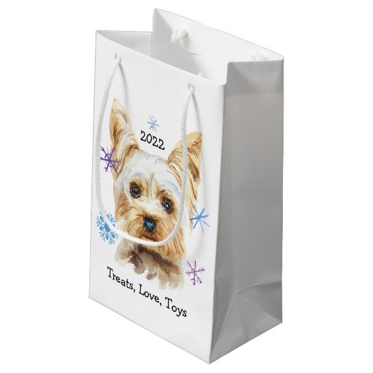 Yorkie Dog Snowflakes Custom Text Weihnachten Kleine Geschenktüte (Rückseite Schrägansicht)