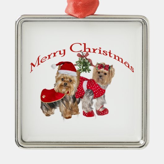Yorkie frohe Weihnachten Silbernes Ornament (Vorne)