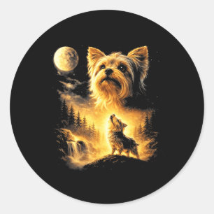 Yorkie heult zum Mond Hundeliebhaber Fantasy Runder Aufkleber