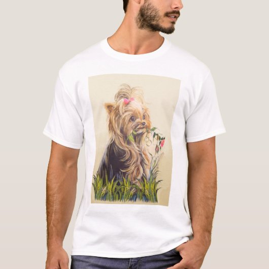 "Yorkie im Garten " T-Shirt (Vorderseite)