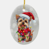Yorkie in Christmas Lights Keramik Ornament (Vorne)