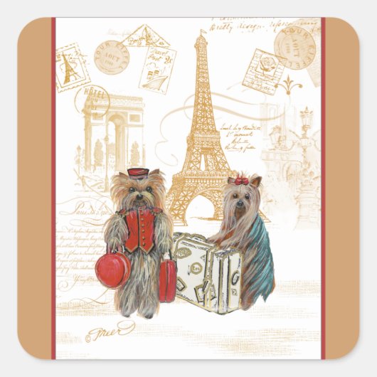 Yorkie in Paris & Eiffelturm Quadratischer Aufkleber (Vorderseite)