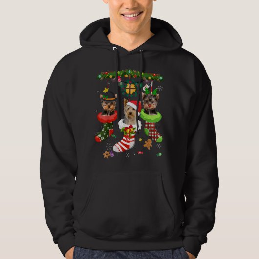 Yorkie in Socken Weihnachten Weihnachtsbeleuchtung Hoodie (Vorderseite)